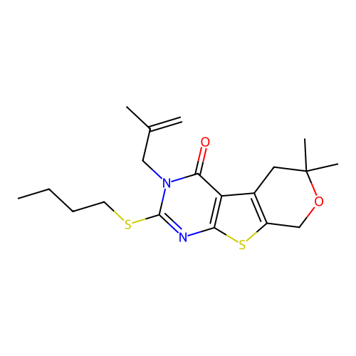 2-(butylsulfanyl)-6,6-dimethyl-3-(2-methylprop-2-en-1-yl)-3,5,6,8-tetrahydro-4H-pyrano[4',3':4,5]thieno[2,3-d]pyrimidin-4-one structure