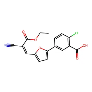 2-chloro-5-{5-[(1E)-2-cyano-3-ethoxy-3-oxoprop-1-en-1-yl]furan-2-yl}benzoic acid structure