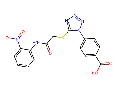 4-[5-[2-(2-Nitroanilino)-2-oxoethyl]sulfanyltetrazol-1-yl]benzoic acid structure