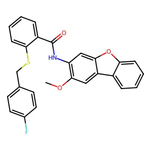 2-[(4-fluorophenyl)methylsulfanyl]-N-(2-methoxydibenzofuran-3-yl)benzamide structure