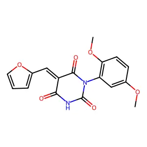 (E)-1-(2,5-dimethoxyphenyl)-5-(furan-2-ylmethylene)pyrimidine-2,4,6(1H,3H,5H)-trione structure