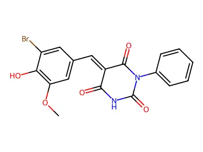 (5E)-5-(3-bromo-4-hydroxy-5-methoxybenzylidene)-1-phenylpyrimidine-2,4,6(1H,3H,5H)-trione structure