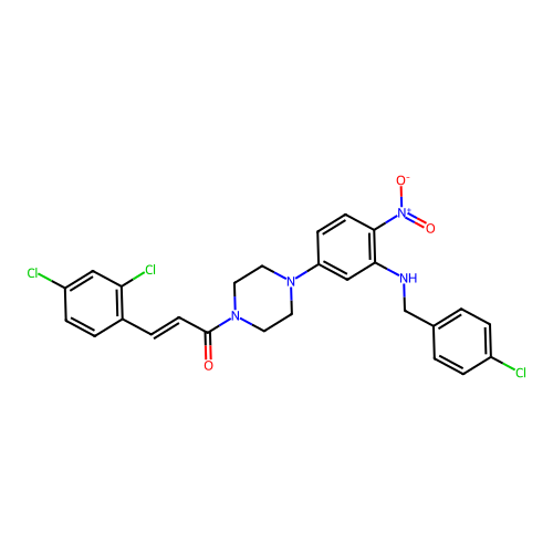 (2E)-1-(4-{3-[(4-chlorobenzyl)amino]-4-nitrophenyl}piperazin-1-yl)-3-(2,4-dichlorophenyl)prop-2-en-1-one structure