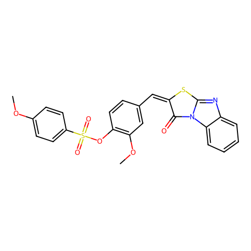 (E)-2-methoxy-4-((3-oxobenzo[4,5]imidazo[2,1-b]thiazol-2(3H)-ylidene)methyl)phenyl 4-methoxybenzenesulfonate structure