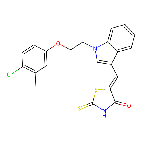 (Z)-5-((1-(2-(4-chloro-3-methylphenoxy)ethyl)-1H-indol-3-yl)methylene)-2-thioxothiazolidin-4-one structure