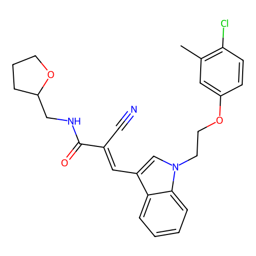 (2E)-3-{1-[2-(4-chloro-3-methylphenoxy)ethyl]-1H-indol-3-yl}-2-cyano-N-(tetrahydrofuran-2-ylmethyl)prop-2-enamide structure