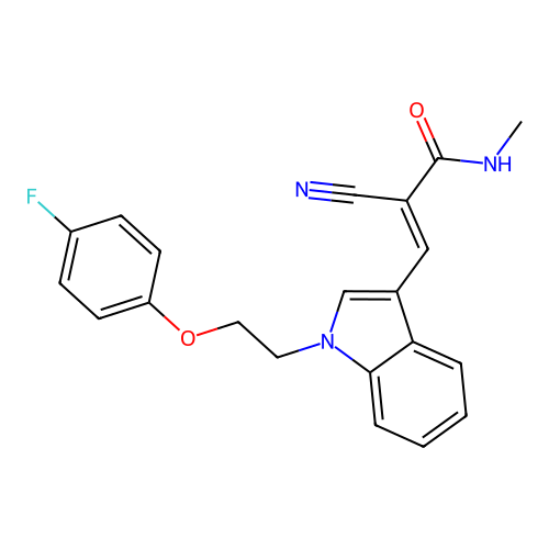 (2E)-2-cyano-3-{1-[2-(4-fluorophenoxy)ethyl]indol-3-yl}-N-methylprop-2-enamide structure