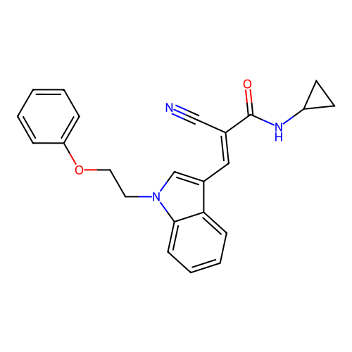 (2E)-2-cyano-N-cyclopropyl-3-[1-(2-phenoxyethyl)indol-3-yl]prop-2-enamide structure