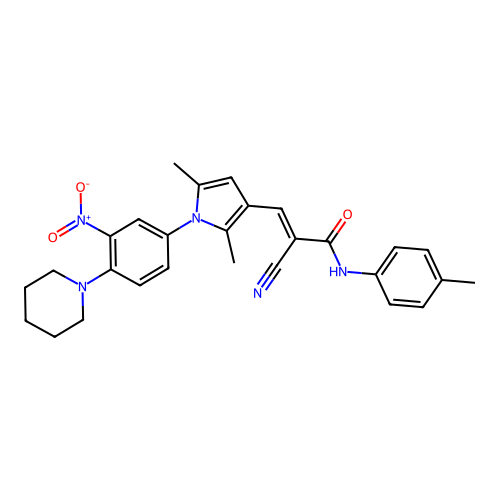 (2E)-2-cyano-3-{2,5-dimethyl-1-[3-nitro-4-(piperidin-1-yl)phenyl]-1H-pyrrol-3-yl}-N-(4-methylphenyl)prop-2-enamide structure
