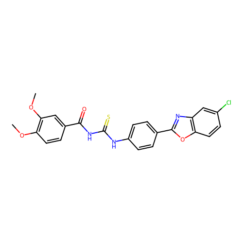 N-{[4-(5-chloro-1,3-benzoxazol-2-yl)phenyl]carbamothioyl}-3,4-dimethoxybenzamide structure