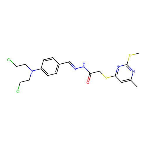(E)-N'-(4-(bis(2-chloroethyl)amino)benzylidene)-2-((6-methyl-2-(methylthio)pyrimidin-4-yl)thio)acetohydrazide structure
