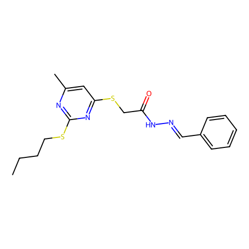 (E)-N'-benzylidene-2-((2-(butylthio)-6-methylpyrimidin-4-yl)thio)acetohydrazide structure