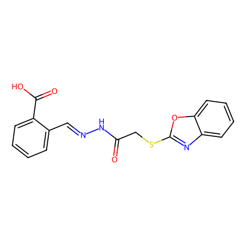 2-[(E)-[[2-(1,3-benzoxazol-2-ylsulfanyl)acetyl]hydrazinylidene]methyl]benzoic acid structure