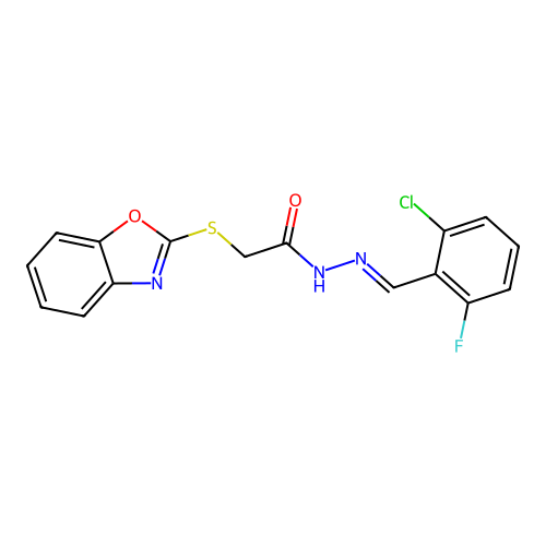 (E)-2-(benzo[d]oxazol-2-ylthio)-N'-(2-chloro-6-fluorobenzylidene)acetohydrazide structure