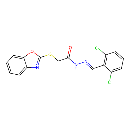 (E)-2-(benzo[d]oxazol-2-ylthio)-N'-(2,6-dichlorobenzylidene)acetohydrazide structure