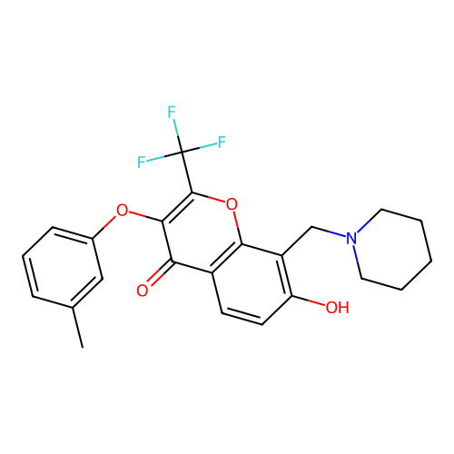 7-hydroxy-3-(3-methylphenoxy)-8-(piperidin-1-ylmethyl)-2-(trifluoromethyl)chromen-4-one structure