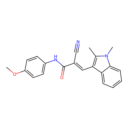 (2E)-2-cyano-3-(1,2-dimethyl-1H-indol-3-yl)-N-(4-methoxyphenyl)prop-2-enamide structure