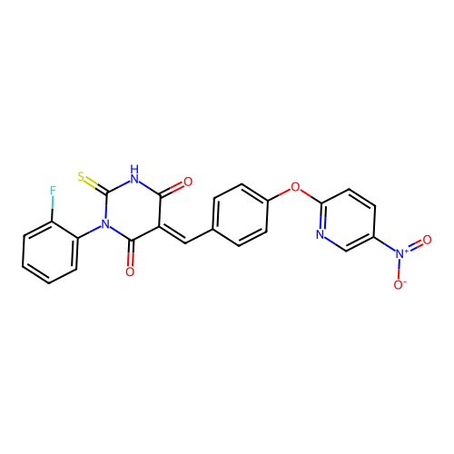 1-(2-fluorophenyl)-5-(4-((5-nitropyridin-2-yl)oxy)benzylidene)-2-thioxodihydropyrimidine-4,6(1H,5H)-dione structure