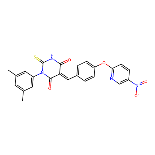 1-(3,5-dimethylphenyl)-5-(4-((5-nitropyridin-2-yl)oxy)benzylidene)-2-thioxodihydropyrimidine-4,6(1H,5H)-dione structure