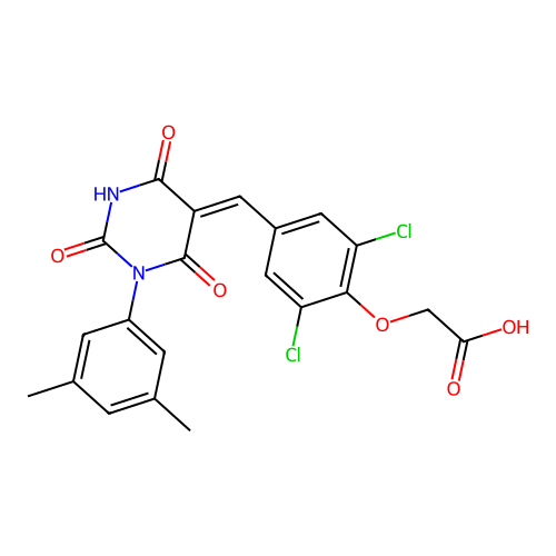 (2,6-dichloro-4-{(Z)-[1-(3,5-dimethylphenyl)-4-hydroxy-2,6-dioxo-1,6-dihydropyrimidin-5(2H)-ylidene]methyl}phenoxy)acetic acid structure