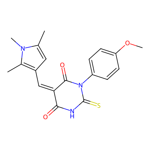 (5Z)-1-(4-methoxyphenyl)-2-sulfanyl-5-[(1,2,5-trimethyl-1H-pyrrol-3-yl)methylidene]pyrimidine-4,6(1H,5H)-dione structure