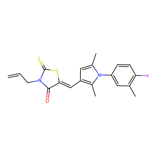 (5Z)-5-{[1-(4-iodo-3-methylphenyl)-2,5-dimethyl-1H-pyrrol-3-yl]methylidene}-3-(prop-2-en-1-yl)-2-thioxo-1,3-thiazolidin-4-one structure