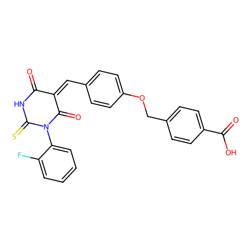 (Z)-4-((4-((1-(2-fluorophenyl)-4,6-dioxo-2-thioxotetrahydropyrimidin-5(2H)-ylidene)methyl)phenoxy)methyl)benzoic acid structure