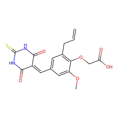 {4-[(4,6-dioxo-2-thioxotetrahydropyrimidin-5(2H)-ylidene)methyl]-2-methoxy-6-(prop-2-en-1-yl)phenoxy}acetic acid structure