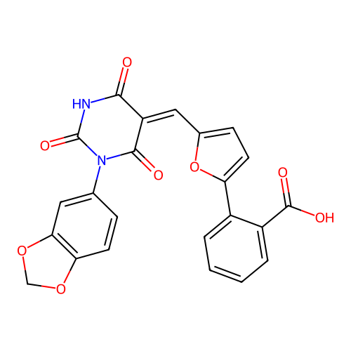 2-(5-{(Z)-[1-(1,3-benzodioxol-5-yl)-2,4,6-trioxotetrahydropyrimidin-5(2H)-ylidene]methyl}furan-2-yl)benzoic acid structure