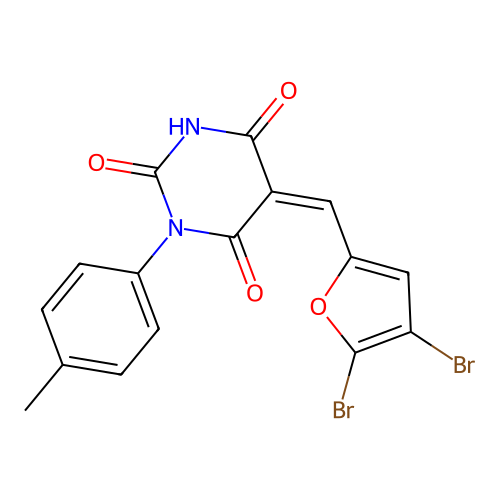 (Z)-5-((4,5-dibromofuran-2-yl)methylene)-1-(p-tolyl)pyrimidine-2,4,6(1H,3H,5H)-trione structure