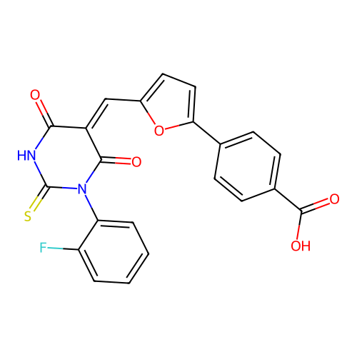(Z)-4-(5-((1-(2-fluorophenyl)-4,6-dioxo-2-thioxotetrahydropyrimidin-5(2H)-ylidene)methyl)furan-2-yl)benzoic acid structure