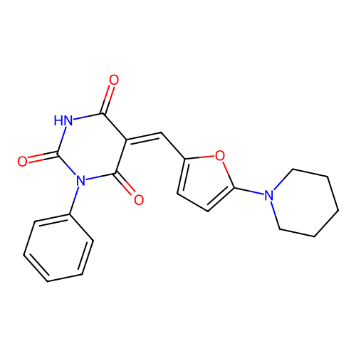 (5Z)-1-phenyl-5-{[5-(piperidin-1-yl)furan-2-yl]methylidene}pyrimidine-2,4,6(1H,3H,5H)-trione structure