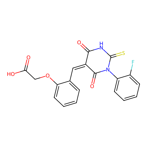 (2-{(Z)-[1-(2-fluorophenyl)-4,6-dioxo-2-sulfanyl-1,6-dihydropyrimidin-5(4H)-ylidene]methyl}phenoxy)acetic acid structure