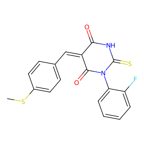 (Z)-1-(2-fluorophenyl)-5-(4-(methylthio)benzylidene)-2-thioxodihydropyrimidine-4,6(1H,5H)-dione structure