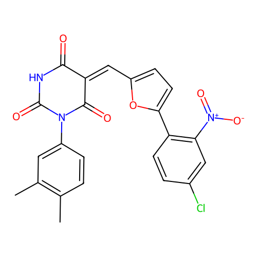 (5Z)-5-{[5-(4-chloro-2-nitrophenyl)furan-2-yl]methylidene}-1-(3,4-dimethylphenyl)pyrimidine-2,4,6(1H,3H,5H)-trione structure