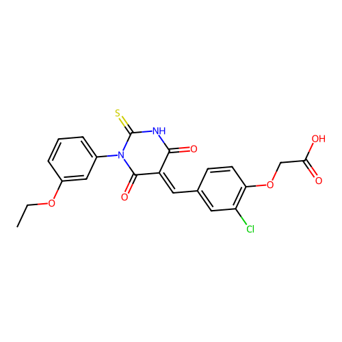 2-(2-chloro-4-((1-(3-ethoxyphenyl)-4,6-dioxo-2-thioxotetrahydropyrimidin-5(2H)-ylidene)methyl)phenoxy)acetic acid structure