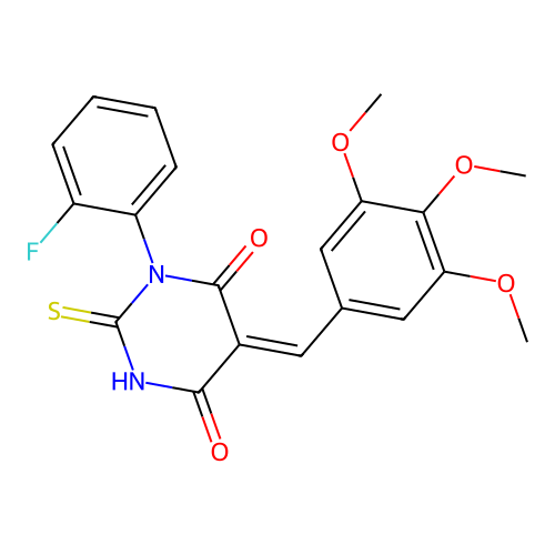 (5Z)-1-(2-fluorophenyl)-2-thioxo-5-(3,4,5-trimethoxybenzylidene)dihydropyrimidine-4,6(1H,5H)-dione structure