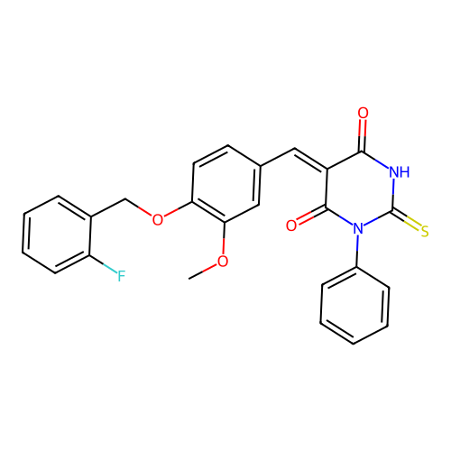 (5Z)-5-{4-[(2-fluorobenzyl)oxy]-3-methoxybenzylidene}-1-phenyl-2-thioxodihydropyrimidine-4,6(1H,5H)-dione structure