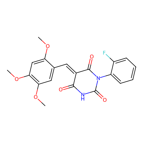 (E)-1-(2-fluorophenyl)-5-(2,4,5-trimethoxybenzylidene)pyrimidine-2,4,6(1H,3H,5H)-trione structure