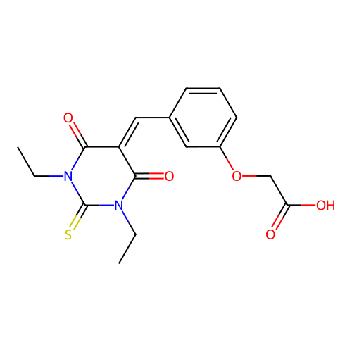 2-[3-[(1,3-diethyl-4,6-dioxo-2-sulfanylidene-1,3-diazinan-5-ylidene)methyl]phenoxy]acetic Acid structure
