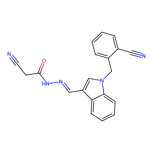 2-cyano-N-[(E)-[1-[(2-cyanophenyl)methyl]indol-3-yl]methylideneamino]acetamide structure
