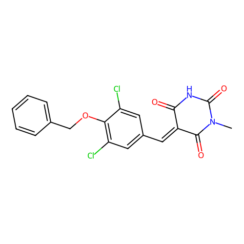 (E)-5-(4-(benzyloxy)-3,5-dichlorobenzylidene)-1-methylpyrimidine-2,4,6(1H,3H,5H)-trione structure