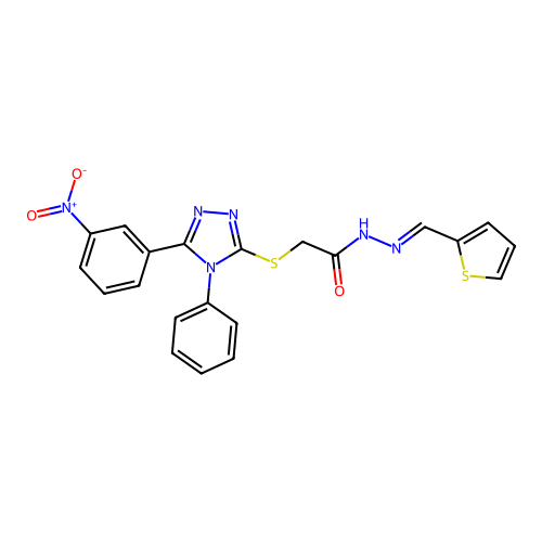 (E)-2-((5-(3-nitrophenyl)-4-phenyl-4H-1,2,4-triazol-3-yl)thio)-N'-(thiophen-2-ylmethylene)acetohydrazide structure