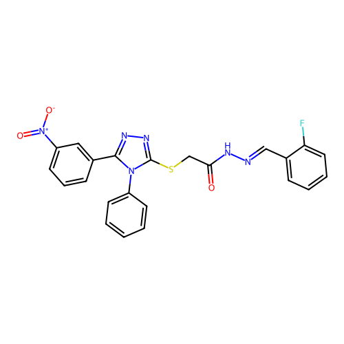 (E)-N'-(2-fluorobenzylidene)-2-((5-(3-nitrophenyl)-4-phenyl-4H-1,2,4-triazol-3-yl)thio)acetohydrazide structure