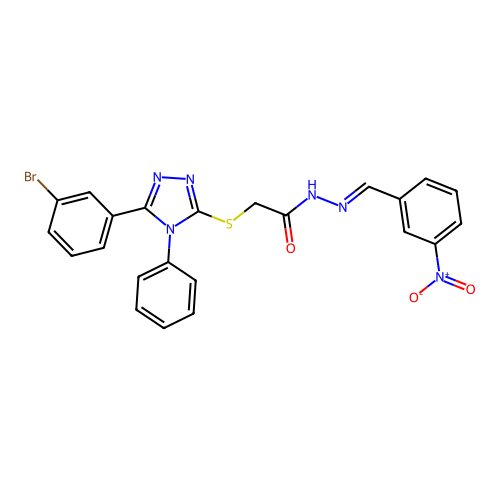 (E)-2-((5-(3-bromophenyl)-4-phenyl-4H-1,2,4-triazol-3-yl)thio)-N'-(3-nitrobenzylidene)acetohydrazide structure