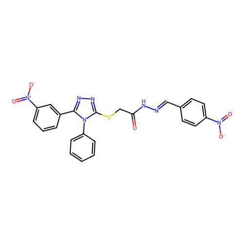 (E)-N'-(4-nitrobenzylidene)-2-((5-(3-nitrophenyl)-4-phenyl-4H-1,2,4-triazol-3-yl)thio)acetohydrazide structure