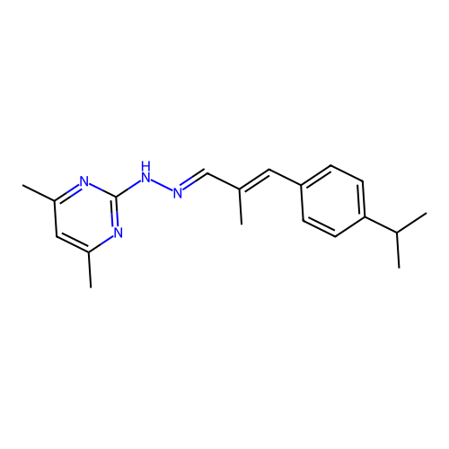 2-((E)-2-((E)-3-(4-isopropylphenyl)-2-methylallylidene)hydrazinyl)-4,6-dimethylpyrimidine structure