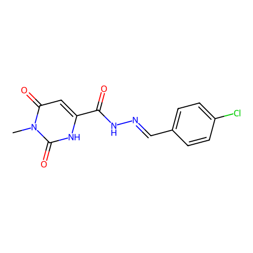 N-[(E)-(4-chlorophenyl)methylideneamino]-3-methyl-2,4-dioxo-1H-pyrimidine-6-carboxamide structure