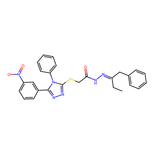 (E)-2-((5-(3-nitrophenyl)-4-phenyl-4H-1,2,4-triazol-3-yl)thio)-N'-(1-phenylbutan-2-ylidene)acetohydrazide structure