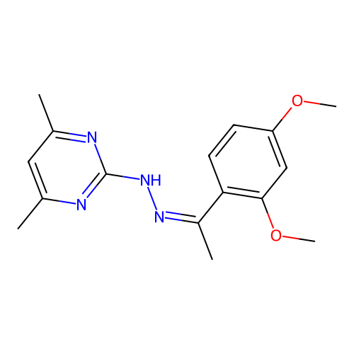 (Z)-2-(2-(1-(2,4-dimethoxyphenyl)ethylidene)hydrazinyl)-4,6-dimethylpyrimidine structure